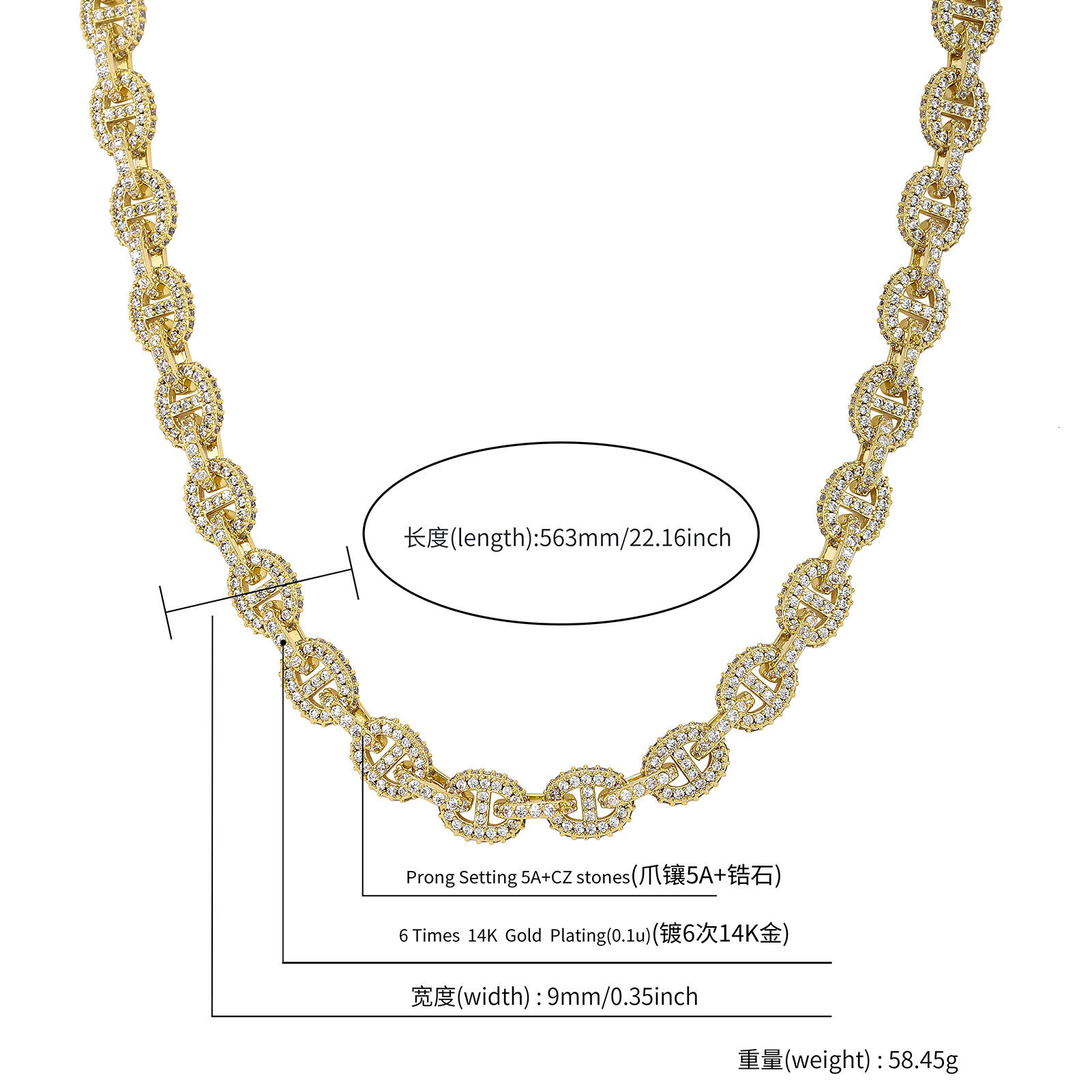 9mm Hip Hop Bling Cubic Zirconia Pig Nose Bubble Cuban Link Chain Necklace Accessories Mens Punk Rock Bracelet For Men And Women Bijoux Pulsera Hombre