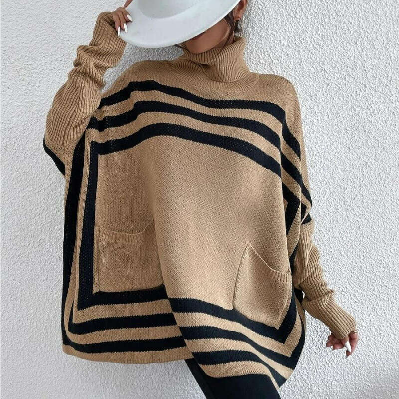 2024 European and American Foreign Trade Knitted Women's Wear High Collar Striped Bat Sleeve Cloak Shawl Sweater Coat for Women