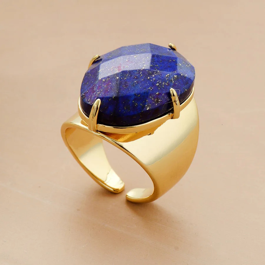 Big Stone Rings High Quality Jewelry Fashion Gold Plated Lapis Lazuli Party Ring Size 7 241214