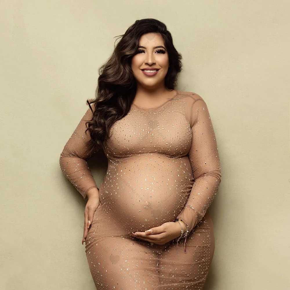 Transparent Materni Photography Gown Sparkling Rhinestone Elastic Mesh Fashion Sexy Dress Pregnant Women For Photo ShootXJ241213