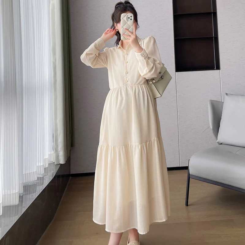 2024 Autumn Materni Brief Dress Solid Color Long Sleeve Turn-down Collar Plus Size Pregnant Woman Elegant Chiffon Dress BeigeXJ241213