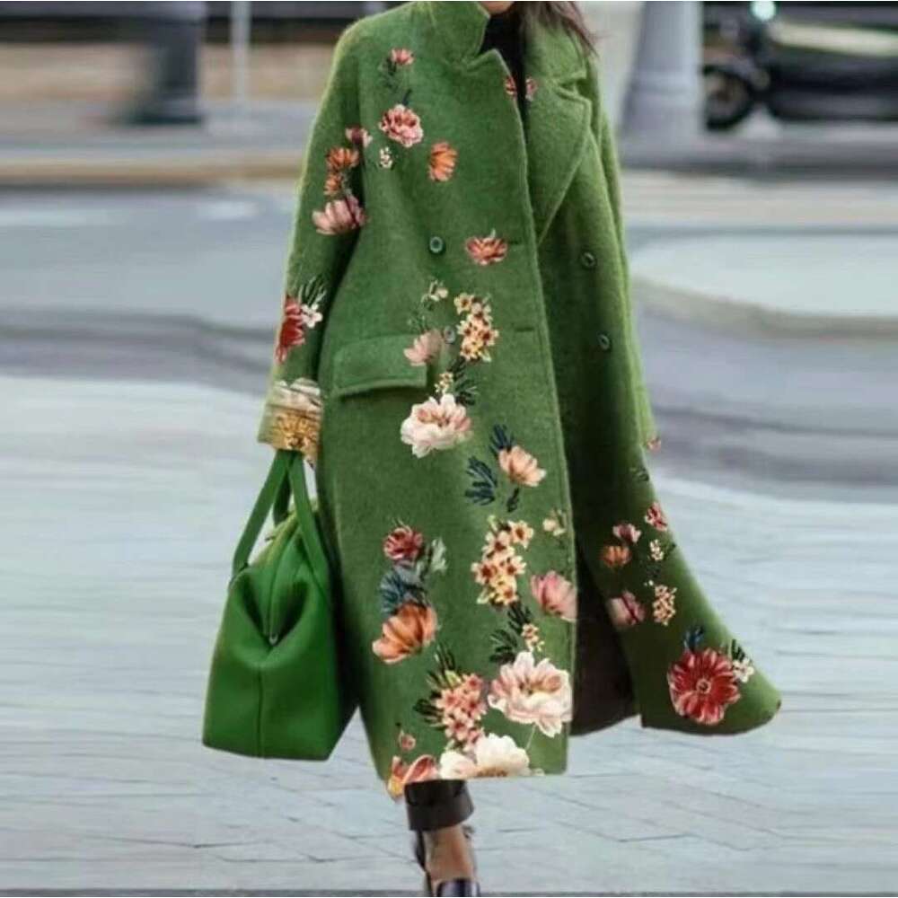 New European And American Autumn Cross Border Foreign Trade Women's Long Sleeved Printed With Collar Coat