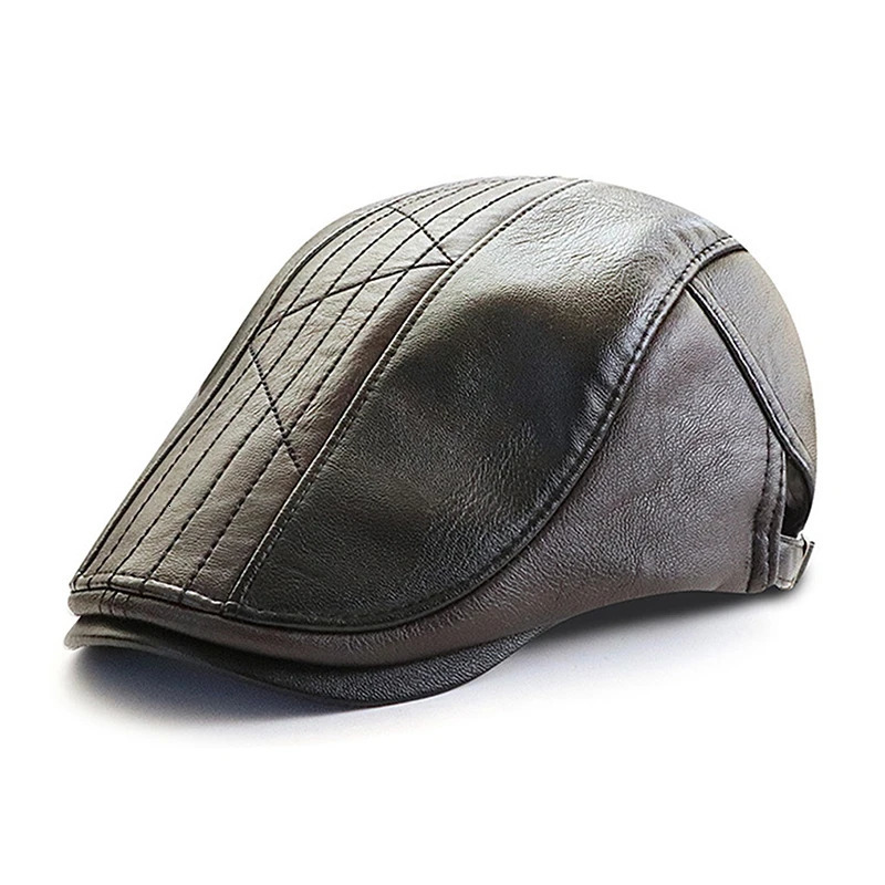 Business leather beret mens Visors hat adjustable buckle office flat top fashionable retro Beanies 241210