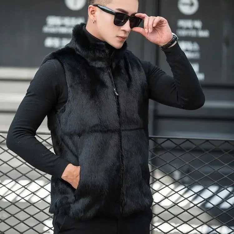 Mens 2024 Autumn Winter New Genuine Rabbit Fur Vest Mens Solid Color Warm Waistcoat Mens Real Fur Stand Collar Vest Jackets V02 W241213