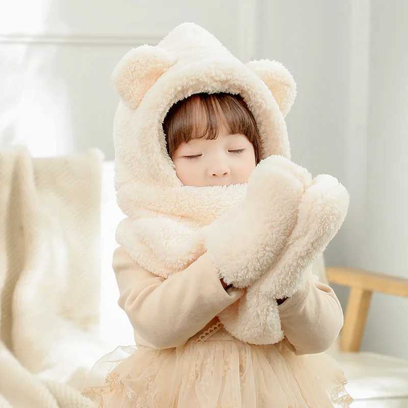 Winter plush baby hat scarf cute bear toddler ear protection hat solid color warm thick cashmere childrens balaclava hat W241213