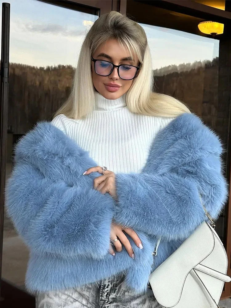 Elegant Blue Big Lapel Oversize Faux Fur Coat Women Casual Long Sleeve Thick Pockets Plush Jacket Winter Lady Highstreet Outwear 241211
