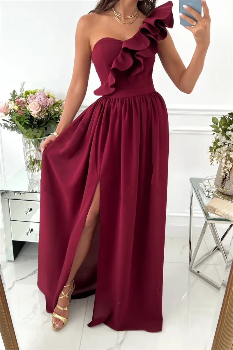 Red Evening Dress One Shoulder Flower Stickers Sleeveless Slimming Party Ball Backless Long 241212