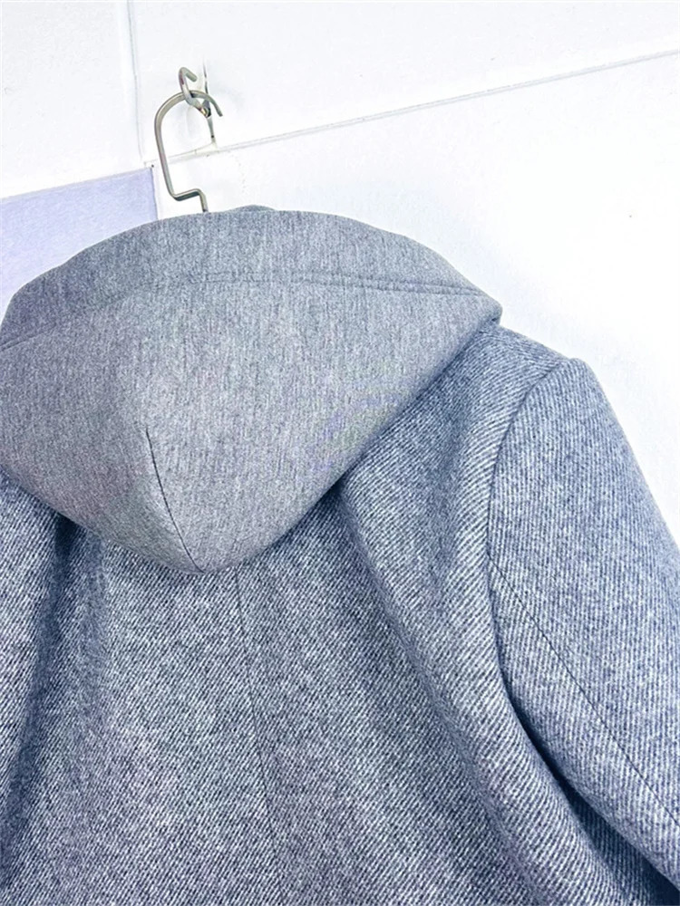 Ladies SingleBreasted Grey Elegant Jacket Tops with Pockets Autumn Winter Womens Hooded Suit Blazer Coat 241209
