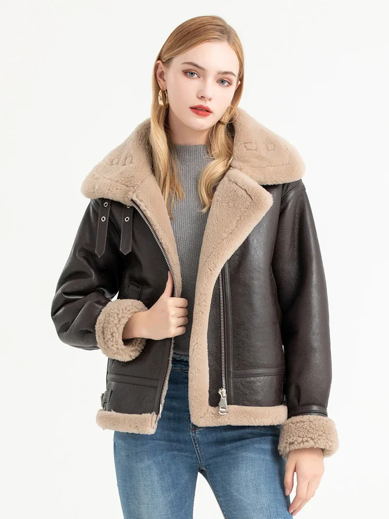 Fashionable womens multi-color fur one-piece jacket flying jacket sheepskin motorcycle leather jacket 241210