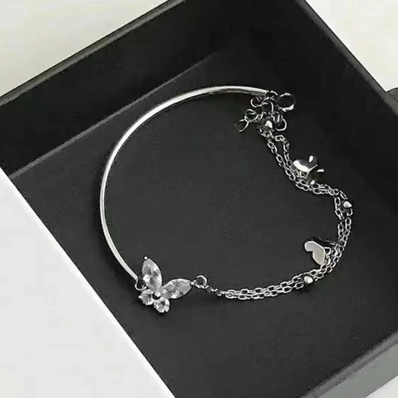 Butterfly Shiny Zircon Silver Color Bangle Light Luxury Multi-layer Chain Bracelet For Women Fashion Hand Accories JewelryXJ241214