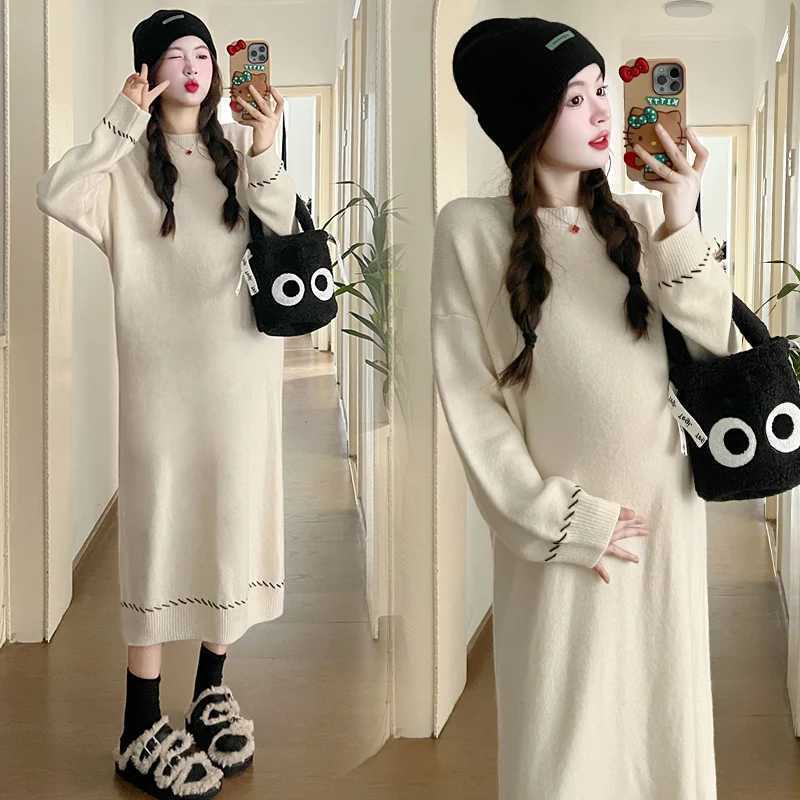 X68269# Pregnancy Dress Maxi Dress Plus Size Thicken Loose Women Korean Sle Sweater Soft Knitted Women Pregnant DressesXJ241213