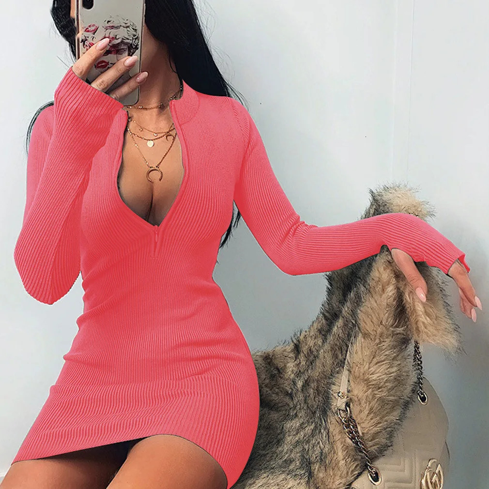 Womens Half Zipper Party Dress Spring and Autumn Long Sleeve Slim Rib Knitted Mini MYJMyj16888 241212