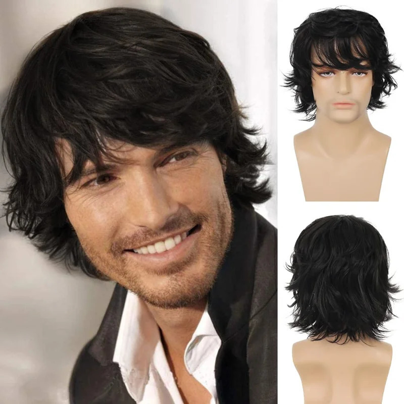 Mens black wig short natural fluffy wig synthetic heat-resistant Halloween role-playing wig 241213