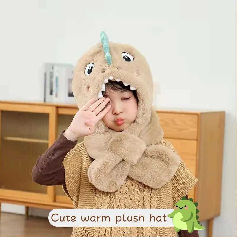 Cute dinosaur baby scarf and hat one-piece warm winter ear muffs for boys and girls aged 1-6 W241213