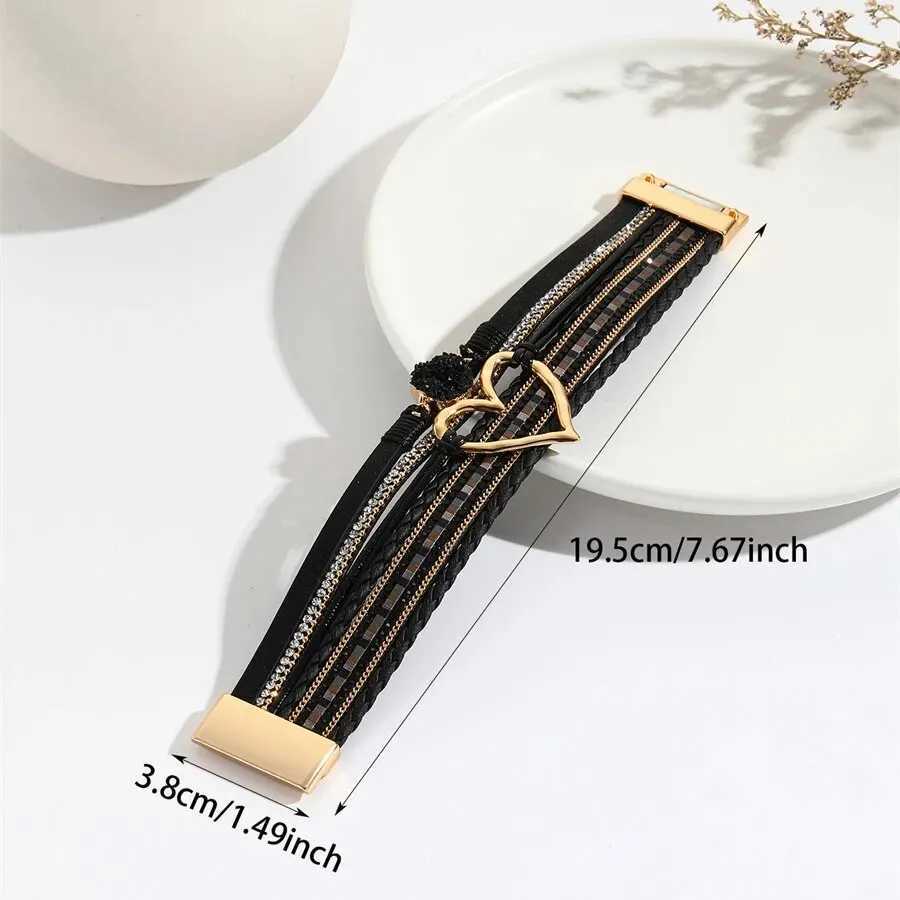New Metal Heart Charm Leather Bracelets for Women Fashion Bohemian Rhinestone Resin Wr Bracelet Bangle Couple JewelryXJ241214