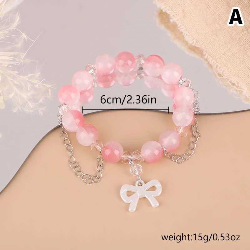 Sweet Pink Crystal Beads Bracelets for Women Girls Korean Fashion Bow Pendant Tassel Chain Bracelets Summer Jewelry AccoriesXJ241214