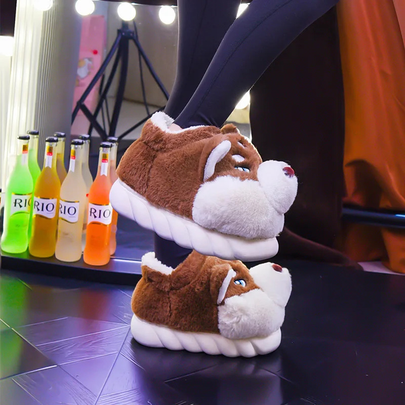 Women Indoor Cotton Slippers Cute Cartoon Dog Winter Warm Shoes Couples Home Floor Slides Antislip Female Male House Footwear 241214