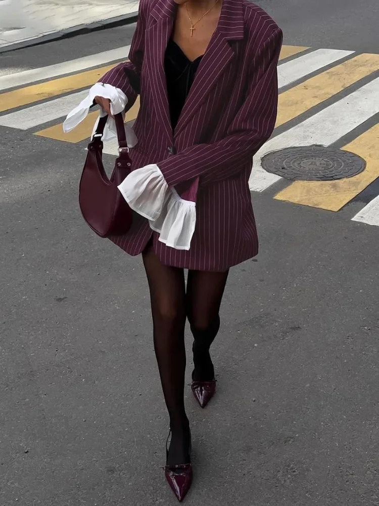 Trendix Loose Fashion Burgundy Blazer Womens Winter Lapel Patchwork Long Sleeve Stripe Jackets Street Casual Eelgant Coats 241209