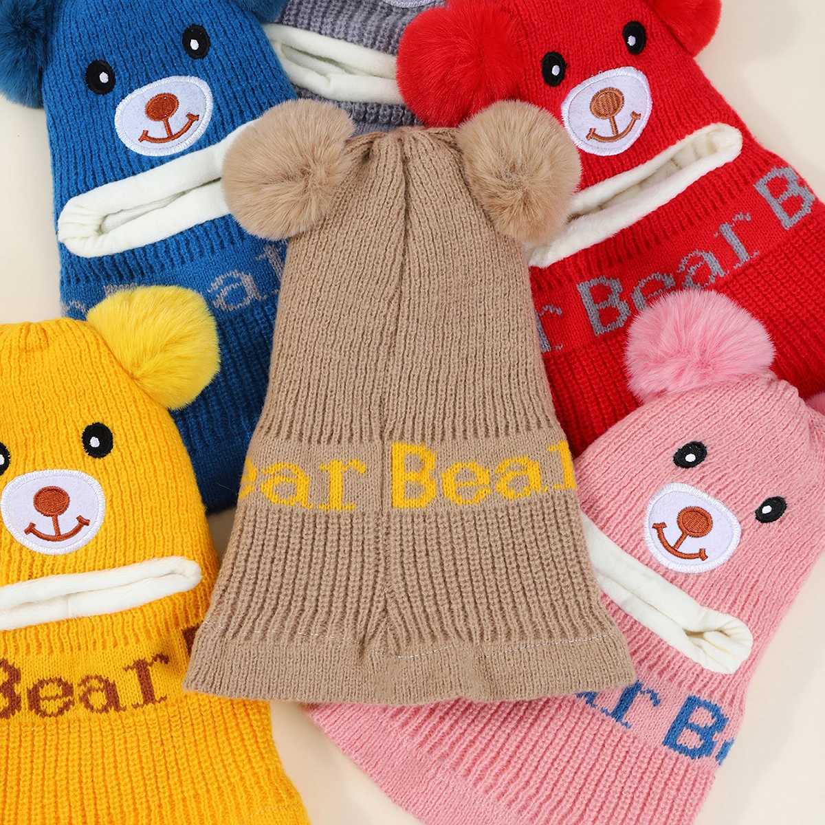 Bear winter baby hat scarf one-piece fluffy childrens knitted hat suitable for girls boys warm ear and neck childrens skiing hat W241213
