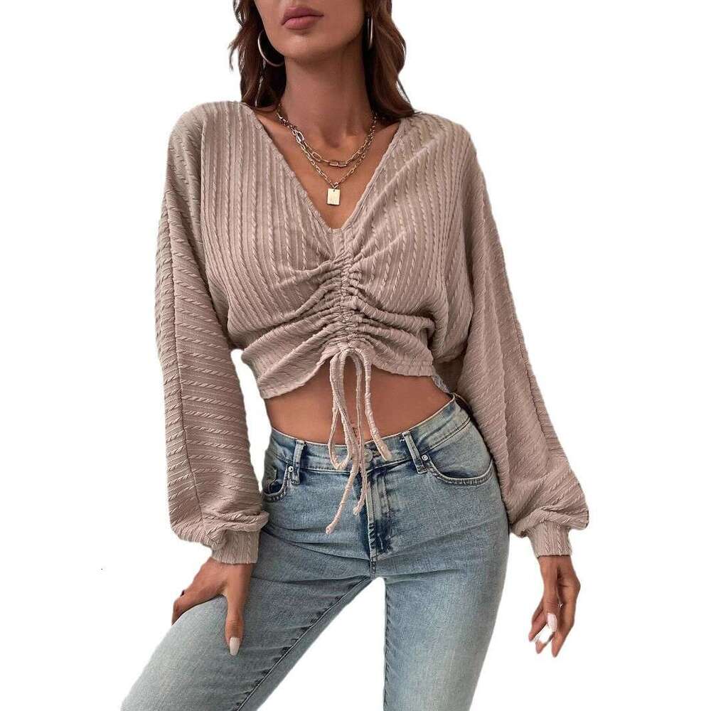 2024 European and American Front Chest Drawstring V-neck T-shirt Autumn/Winter Bat Sleeve Slim Short Open Umbilical Top