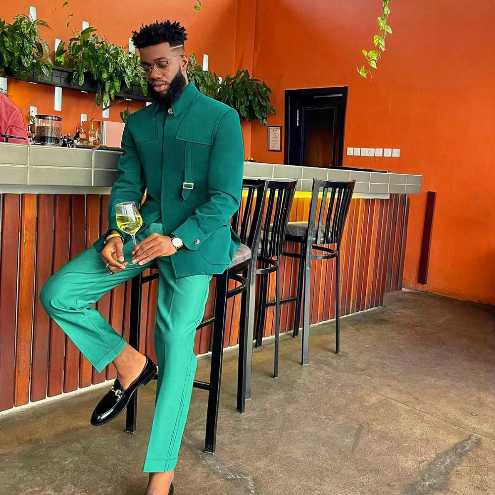 Green Fashion Utility Wedding Men Suits TailorMade Party Tuxedo 2 Pieces Slim Fit Jacket Pants Blazer Singer Groom 241211
