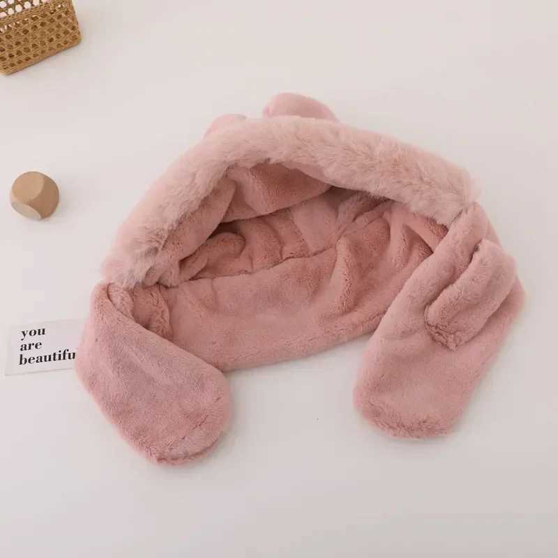 Winter Warm Single piece Childrens Plush Cute Bear Ears Baby Hoodie Girl Ear Protection Hat Windproof Beanies W241213