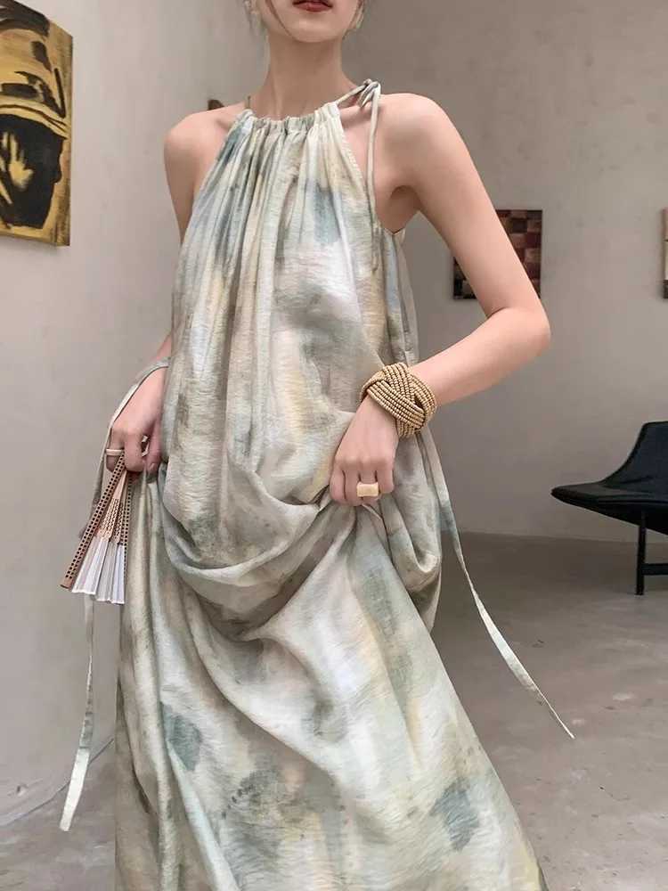 Summer Materni Maxi Dress Sleeveless Halter Collar Loose Casual Pregnant Woman Holiday Clothes Plus Size Pregnancy Beach DressXJ241213