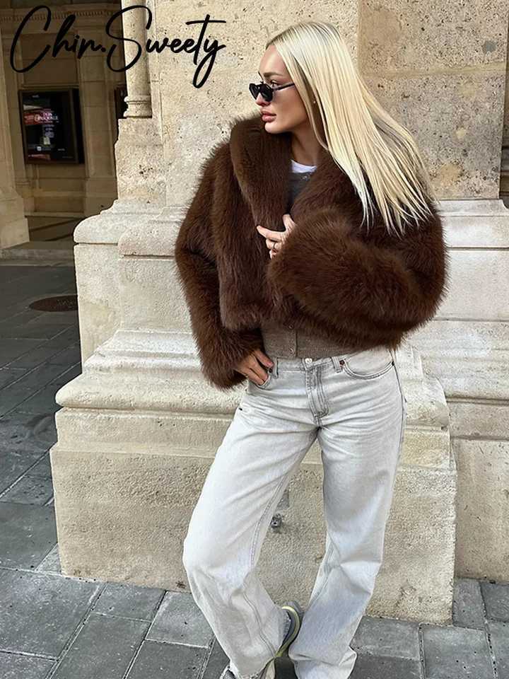 Retro faux fur womens jacket solid collar long Slve thick warm jacket womens 2024 autumn winter loose womens jacket X241214