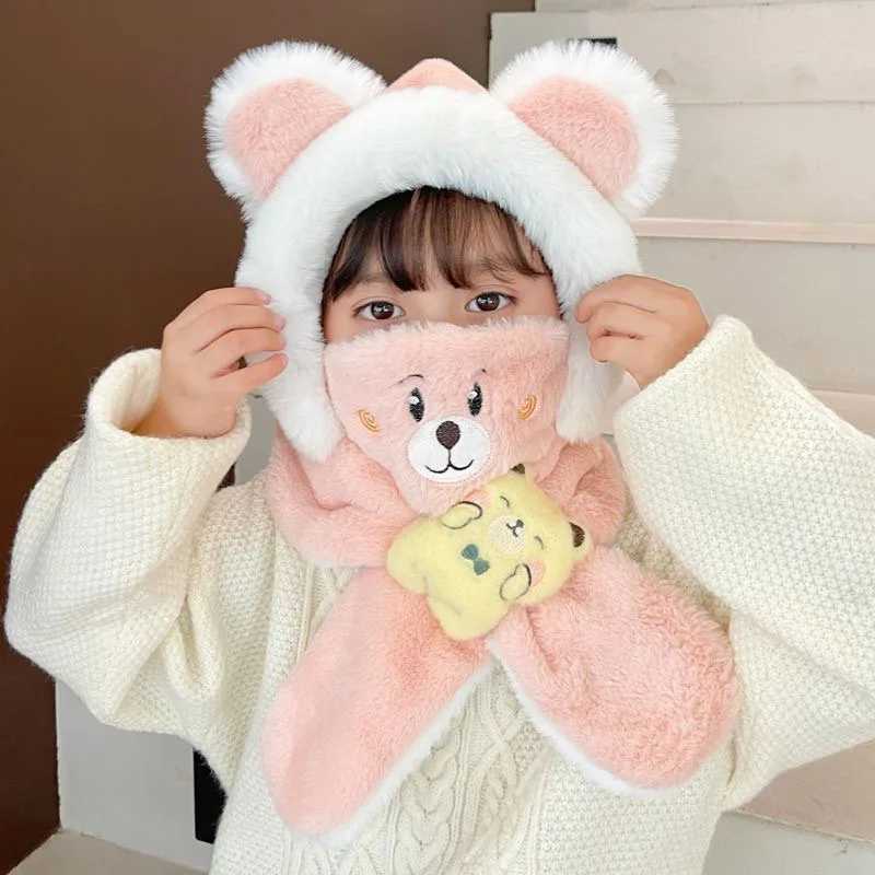 Winter childrens one-piece scarf cap+facial mask cute baby ear protective cap 1-6 year old childrens plush cross neck warm beans W241213