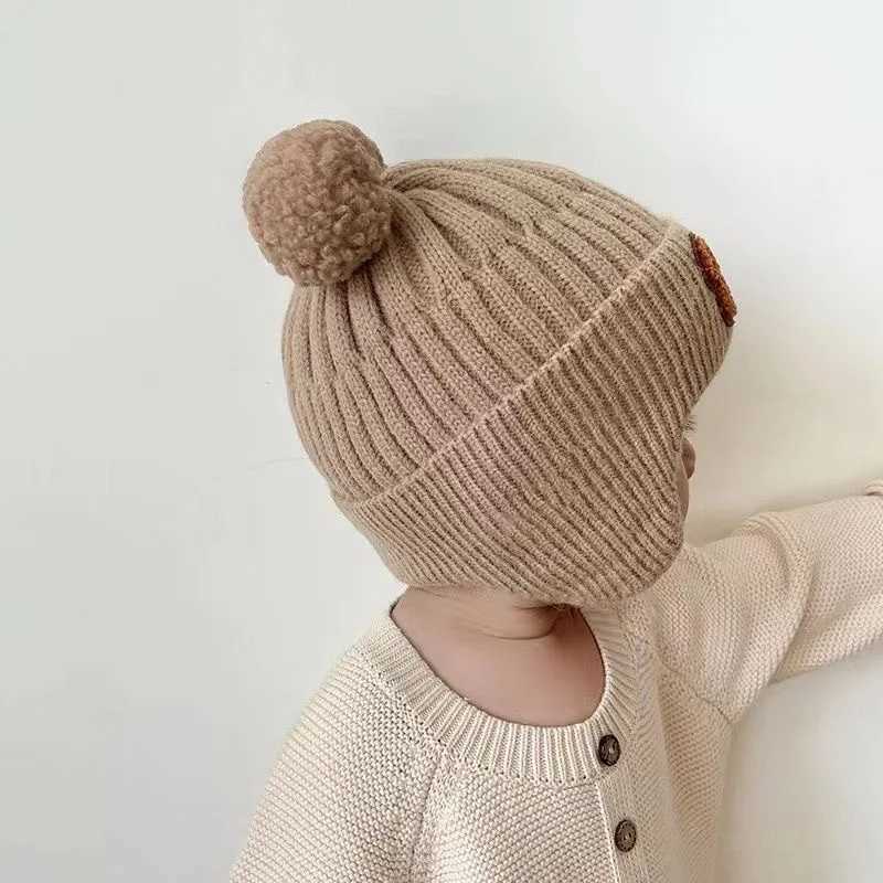 Bear winter baby hat cotton lined knitted childrens hat with ear cups baby hat W241213