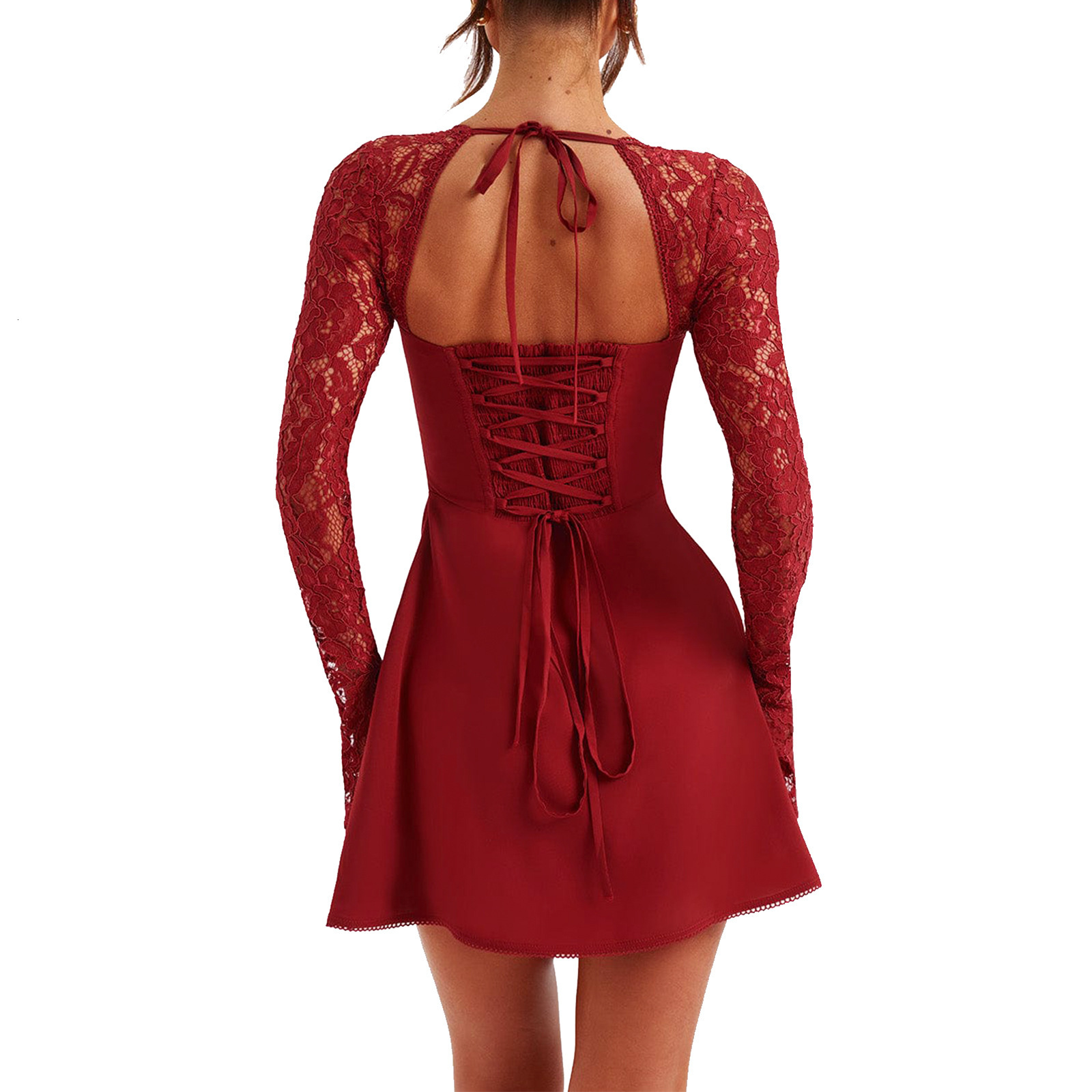 Hot selling short skirt sexy long sleeved slim fit backless lace fashion party dress