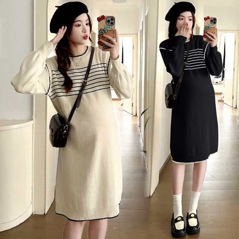 Autumn Loose Pregnant Women Knitted Striped Dress Fashion Materni Straight Dress Knee-length Long Sleeve Pregnancy Midi DressXJ241213