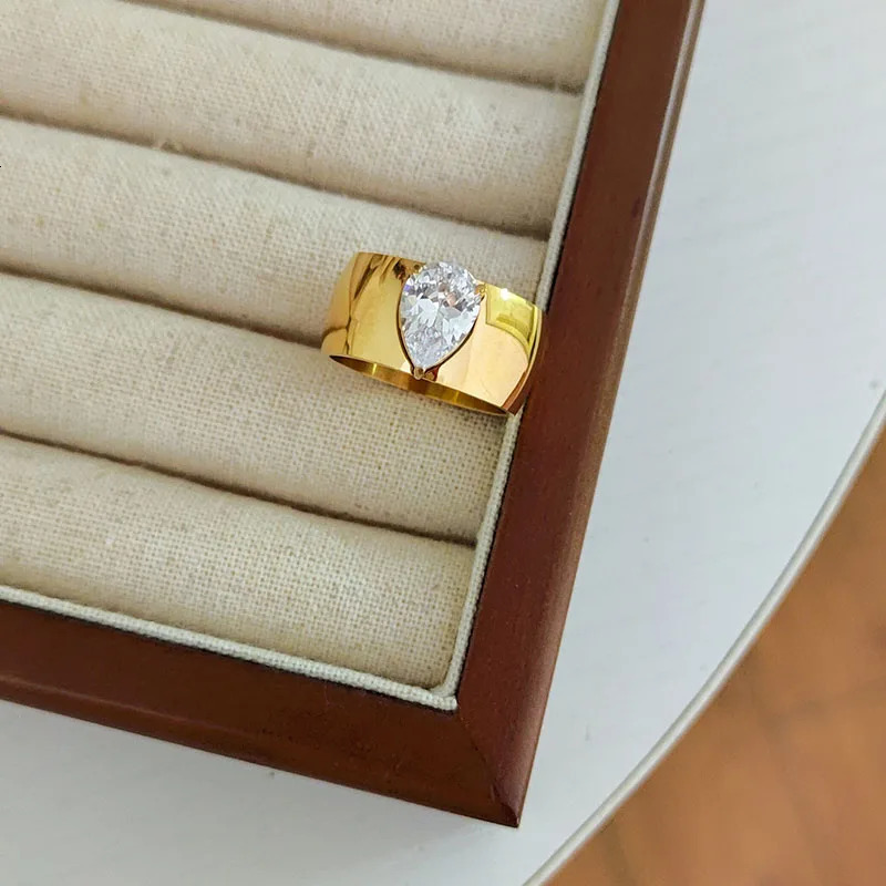 Waterdrop cz stone wide band rings stainless steel rings for women simple minimalist stainless steel jewelry waterproof 241214