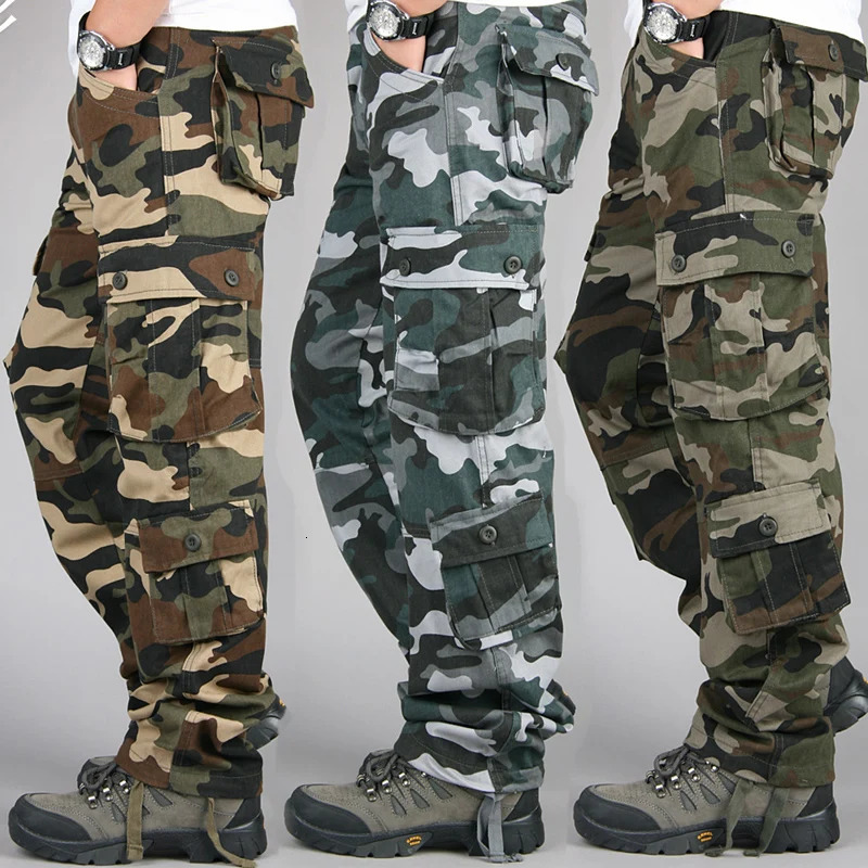 Mens Tactical Camouflage Overalls High-Quality Cotton Multi-Pocket Trousers Sports Training Casual Work Pants 241213