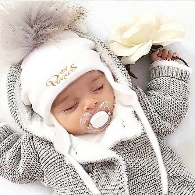 Newborn baby hat boys and girls letter princess warm ears earlobes winter cotton Beanie Pom Bobble hat W241213