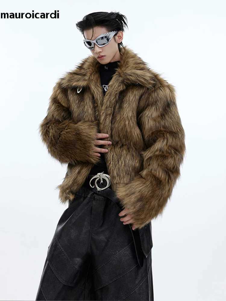 Mauroicardi winter short thick warm brown fur soft faux fur coat for men with a long sleeved fluffy jacket with a collar W241213