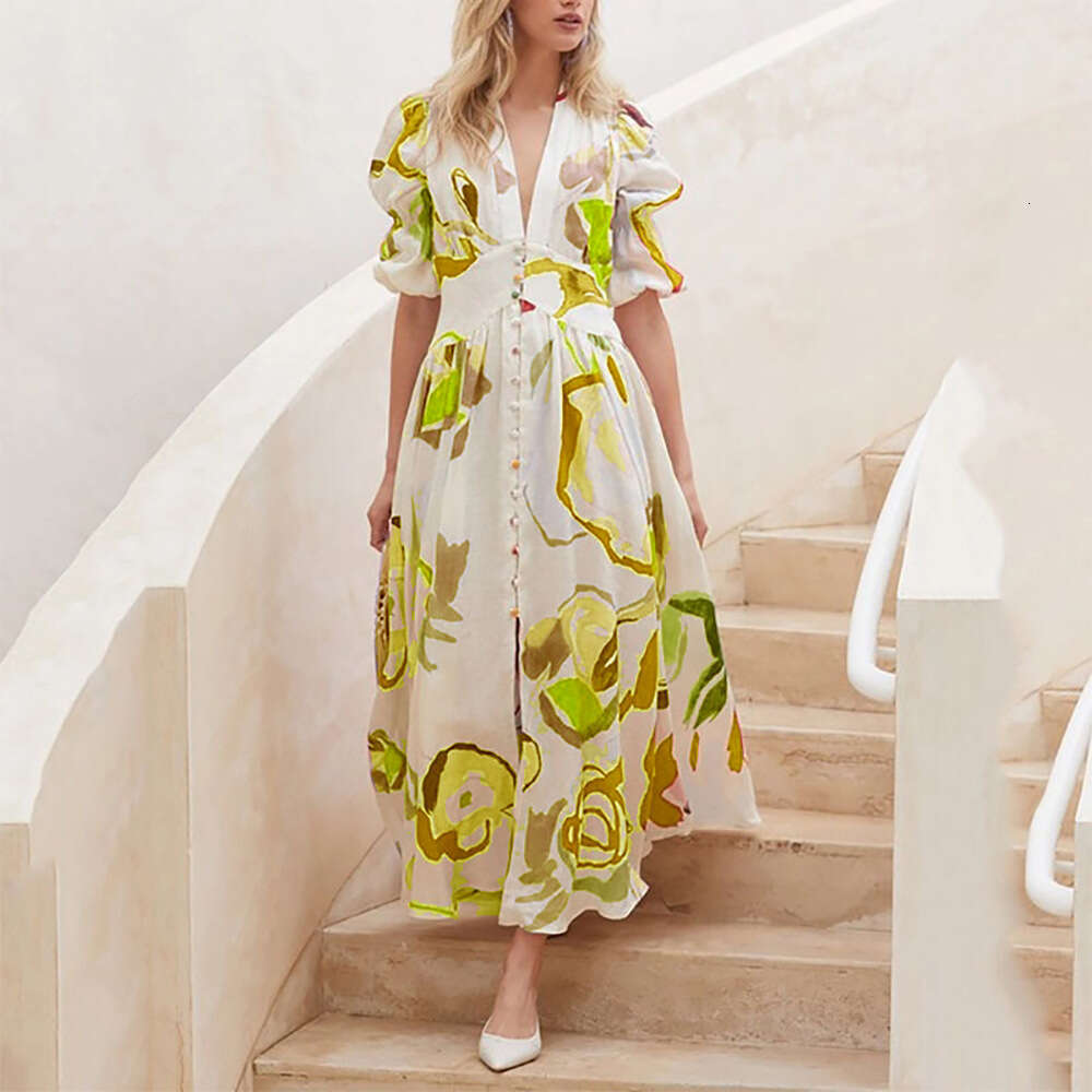 Spring Cross-Border New European American Women's Beach Dress With Slim Fit And Large Swing, Four Sided Stretch Print Long Skirt