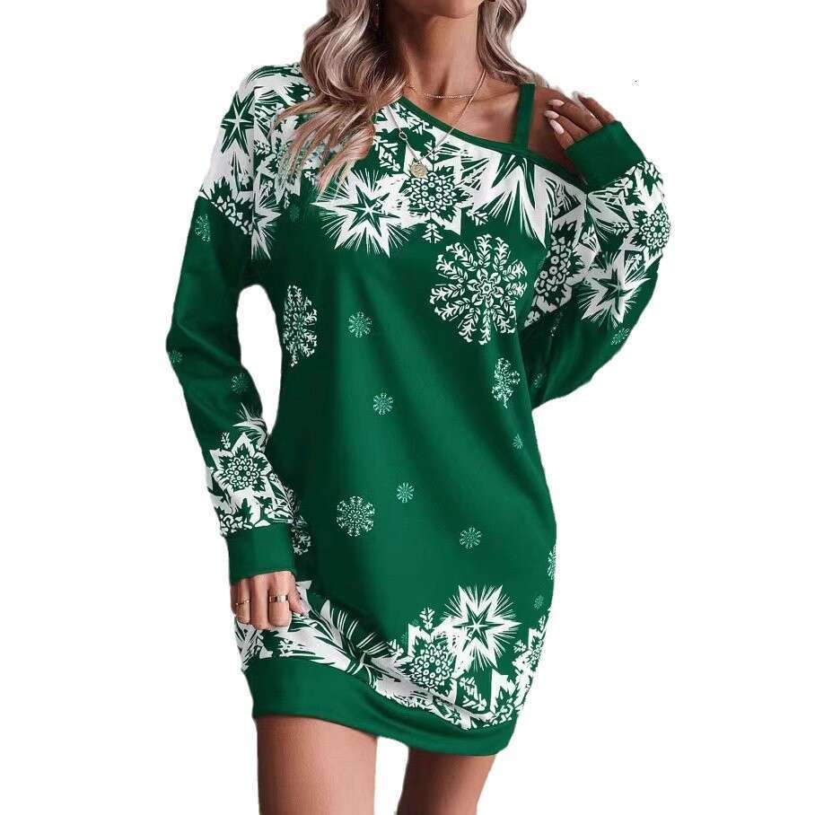 Christmas Snowflake European American Printed Long Sleeve Slanted Shoulder Autumn/Winter Dress for Women 2024 New Style, Unique and Elegant Clothing