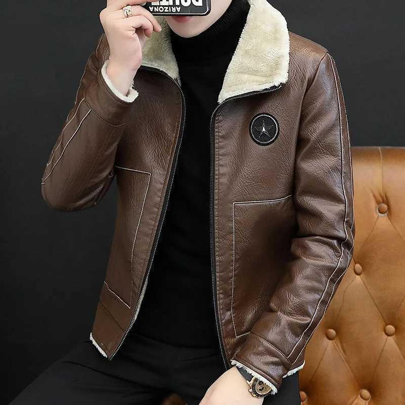 Winter mens casual collar plush warm leather jacket ultra-thin lightweight motorcycle leather jacket large-sized fur integrated PU jacket W241213