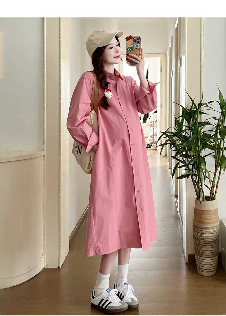 Korean Sle Pregnant Woman Long Sleeve Turn-down Collar Single-breasted Shirts Dress Materni Clothes Pregnancy Cotton DressesXJ241213