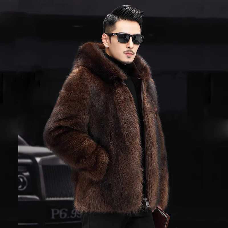 S-6XL size fashionable mens jacket warm cover artificial fox mink fur mens winter coat brown outdoor sportswear casual shorts W241213