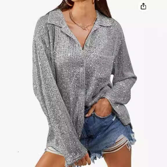 Autumn European And American Women's Clothing New Fashion Sequined Long Sleeved Lapel Casual Shirt With Temperament