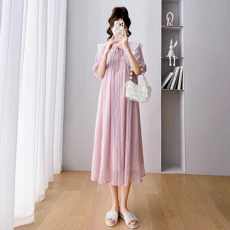 2024 Long Loose Materni Summer Dress Pink Puff Sleeve Sweet Lace Peter Pan Collar Pregnant Woman Chiffon Dress Holiday ClothesXJ241213