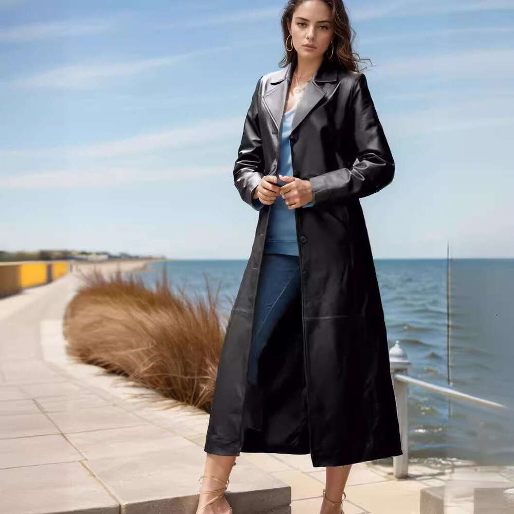 New European American Women's Buttoned Extended Length Coat, Slim Fit And Slimming, Plus Size Leather Windbreaker, Fashionable Quality, Classic