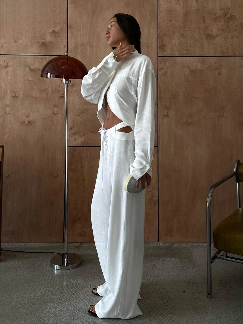 Clacive Fashion Loose White En Women's Two Pieces Elegant Long Sleeve Shirt With Mid Waist Wide Pants Set Streetwear