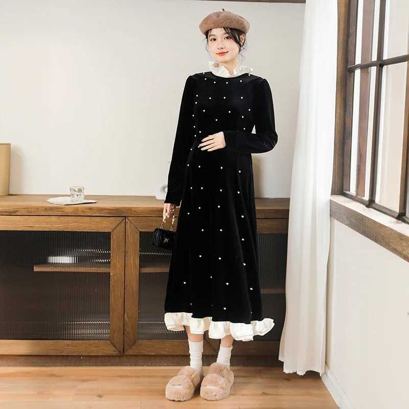 2024 Spring Pregnant Womens Retro Sle Pearl Velvet Long Dress Ruffles Collar Patchwork Materni Par Dress Evening ClothesXJ241213