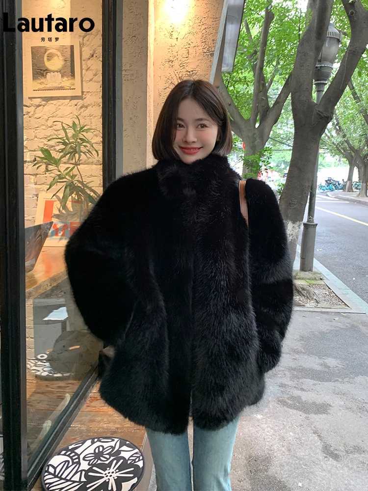Lautaro Autumn Winter Black Soft Thick Hair Fury Artificial Fur Coat Womens Stand Collar Luxury Loose Fluffy Jacket X241214