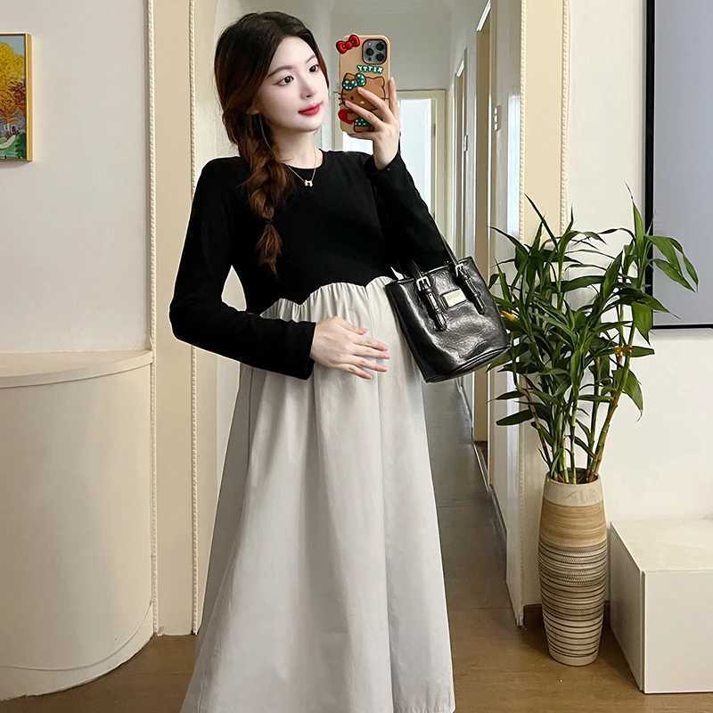2024 French Sle Pregnant Women Elegant Dress Plus Size Long Sleeve O-Neck High Waist Materni A-Line Dress Long Loose ClothesXJ241213