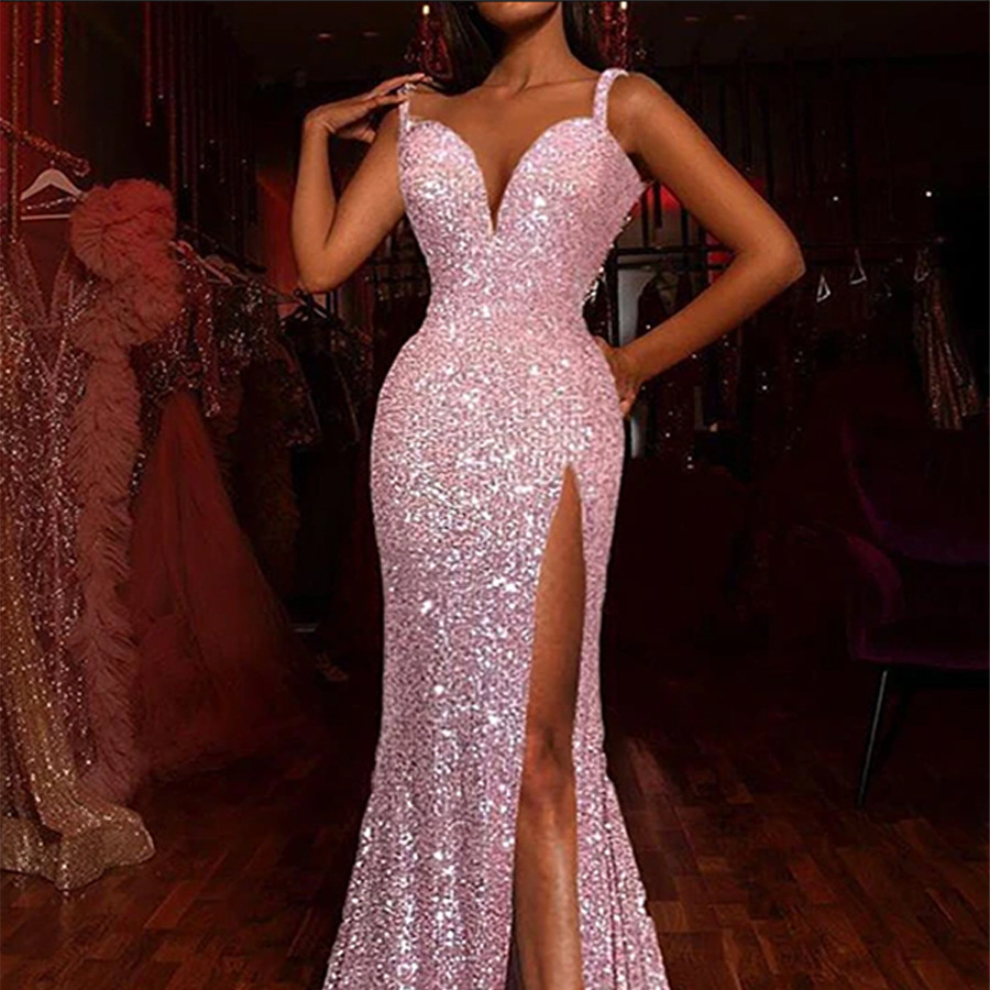 Summer New Womens Dress Split Sleeveless Sequin Strap Floor Mopping Dress