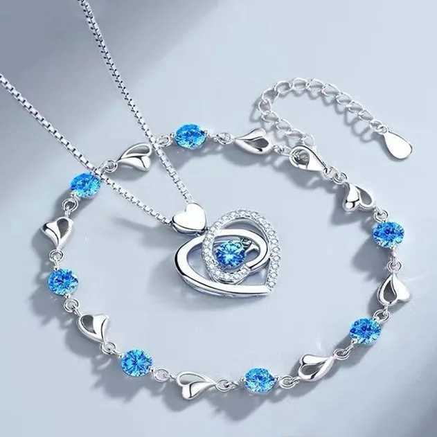925 Sterling Silver Heart Shed Necklace Bracelet Set for Women Vintage Korean Blue Crystal Bracelets Jewelry Set Party JewelryXJ241214